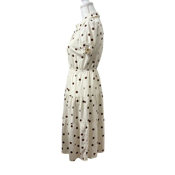 Polka Dot ButtonDown Midi Dress W/ Puff Sleeves & Tiered Skirt Juniors Womens M - Picture 2 of 11